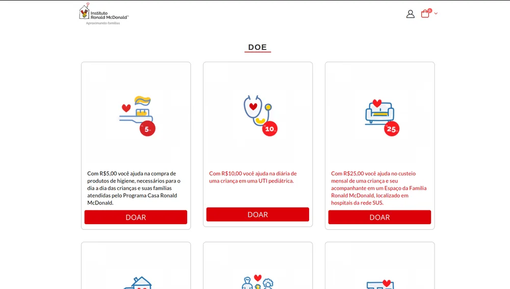 Loja Instituto Ronald McDonald desenvolvida pela Inventando Sites